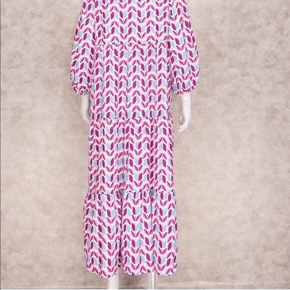 Tiered Maxi Dress Bohemian V Neck Puff Sleeve Beach Sundress - Picture 5 of 8